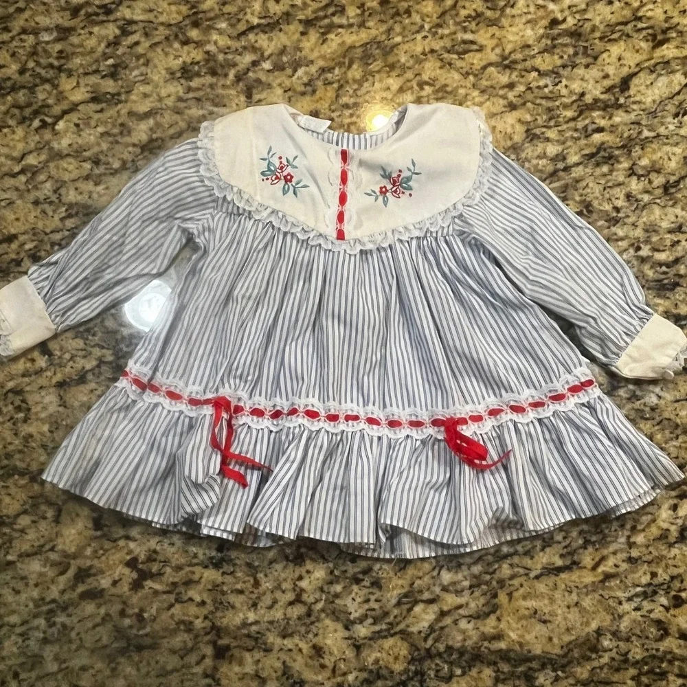 Vintage Cradle‎ Togs Girls Blue Pinstripe Embroidered Lace Trim Dress Red Bows